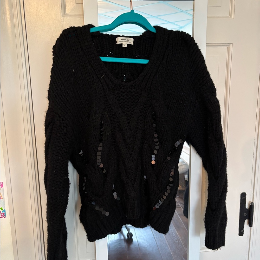 Reserved Black Sequin Cable-Knit V-Neck Sweater